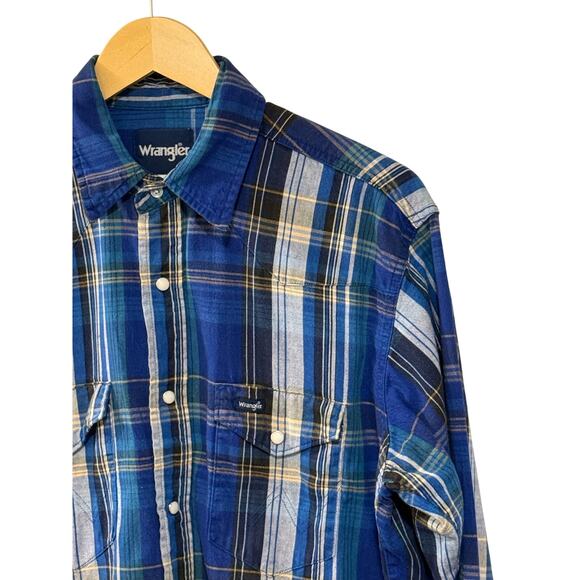 Vintage Wrangler Flannel Pearl Snap Long Sleeve Western USA Plaid Blue Size XL - Picture 1 of 10